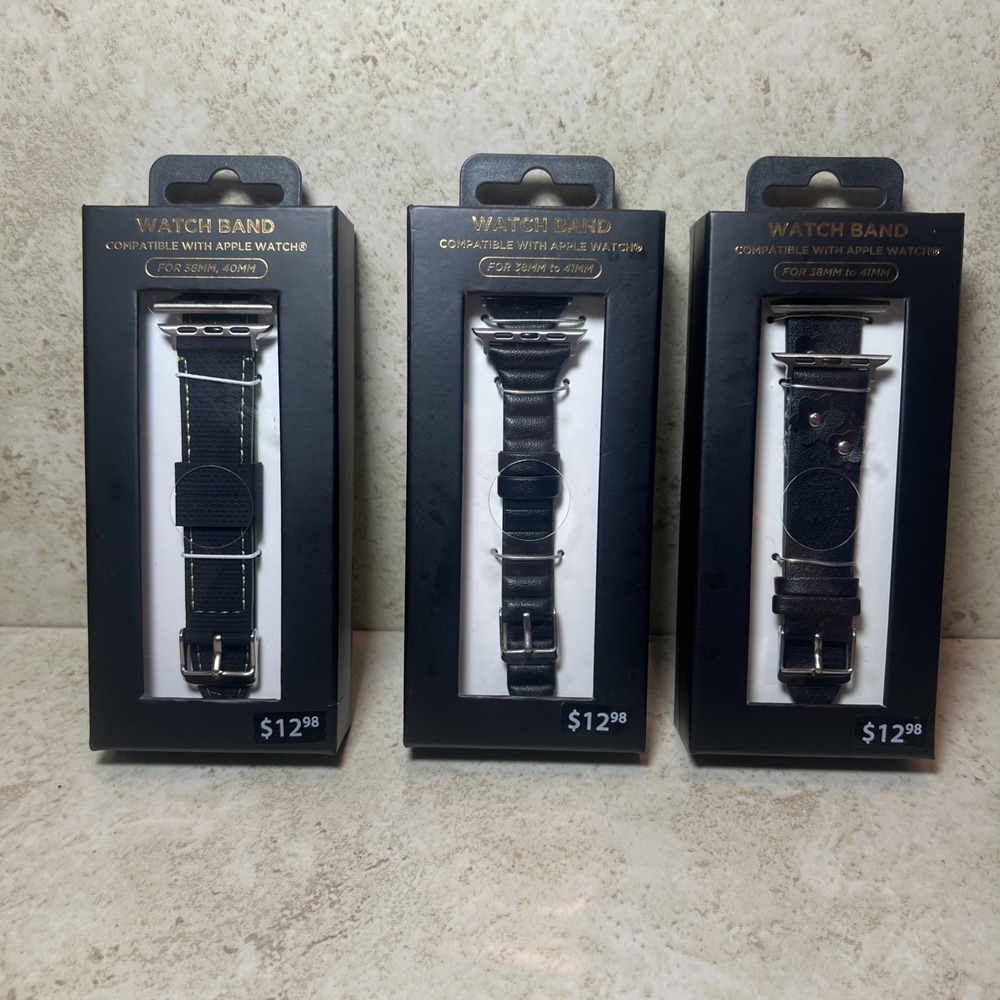 New! Lot Of 3 Watch Bands For Apple Watch (38mm To 41mm) Black Silver Clasp NIB